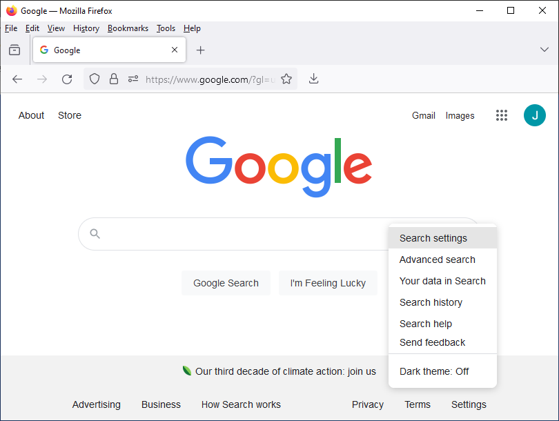 Google search home page - enter settings