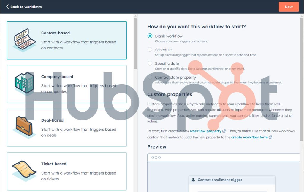 Hubspot Marketing Automation: Workflow Setup Screen